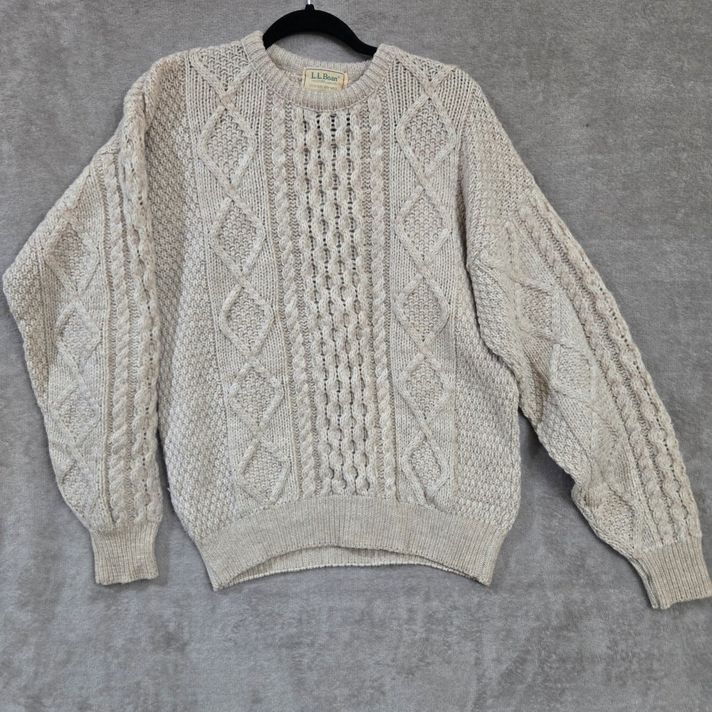 Vtg LL Bean Wool Cable Knit Sweater Medium Fisherman Preppy Nautical Hamptons